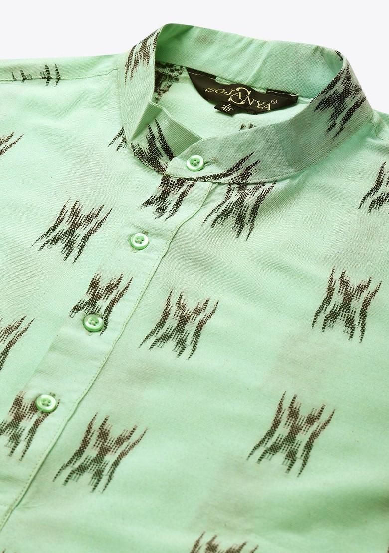 Sea Green Woven Cotton Kurta Set For Men