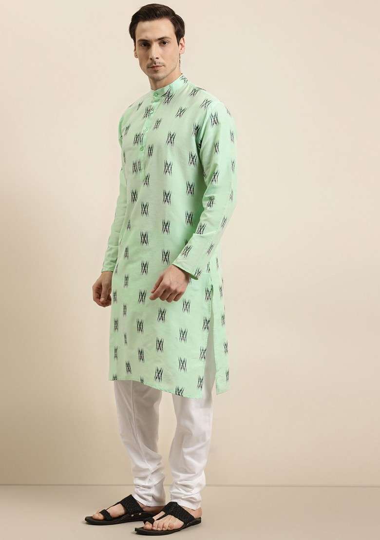 Sea Green Woven Cotton Kurta Set For Men - Indya