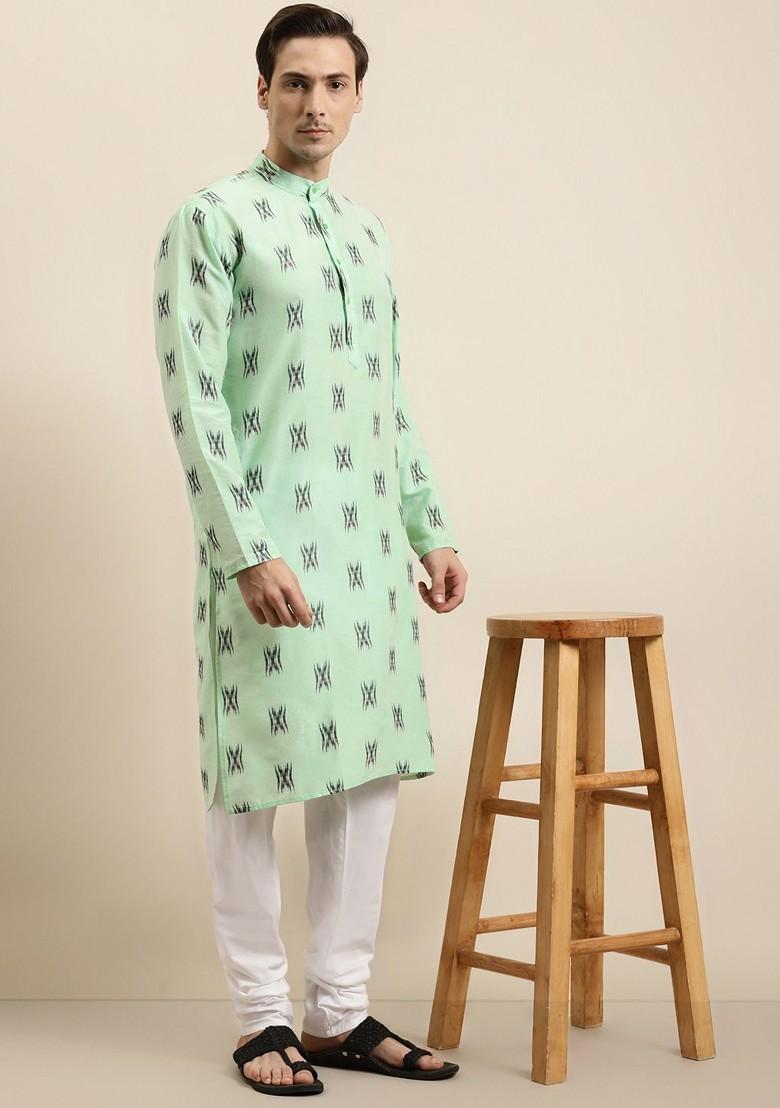 Sea Green Woven Cotton Kurta Set For Men