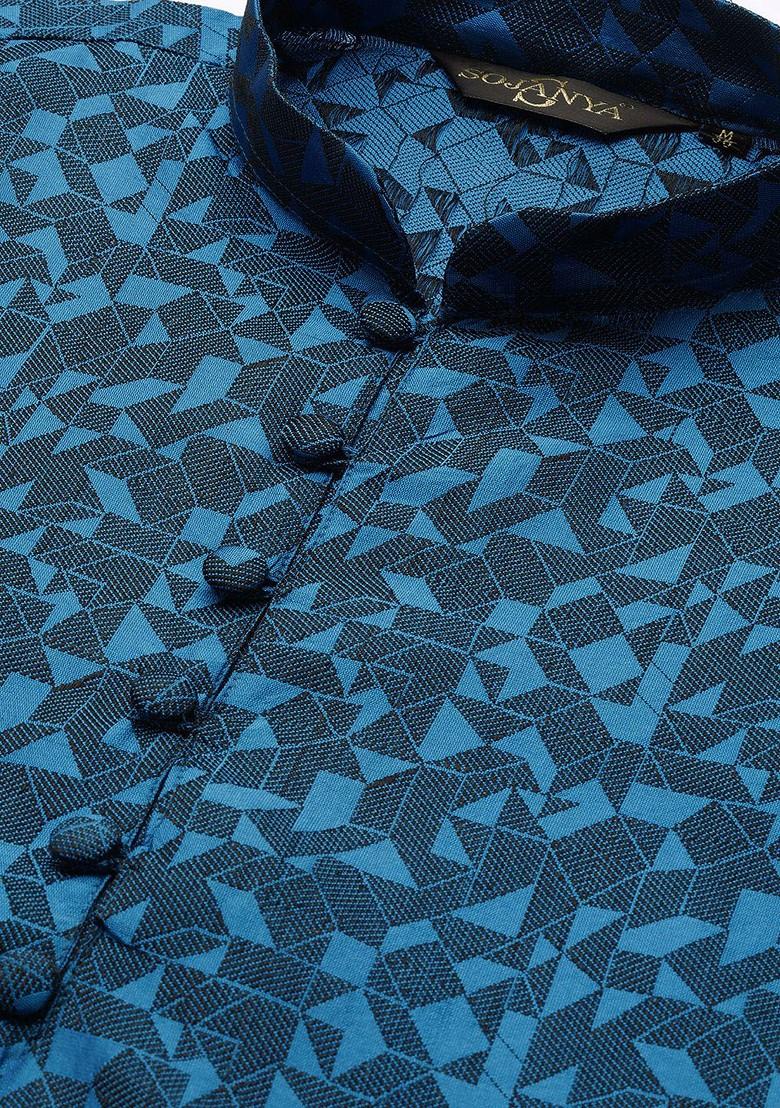 Teal Blue Woven Poly Blend Kurta Set For Men