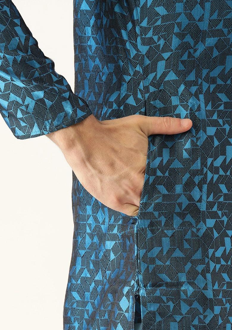 Teal Blue Woven Poly Blend Kurta Set For Men
