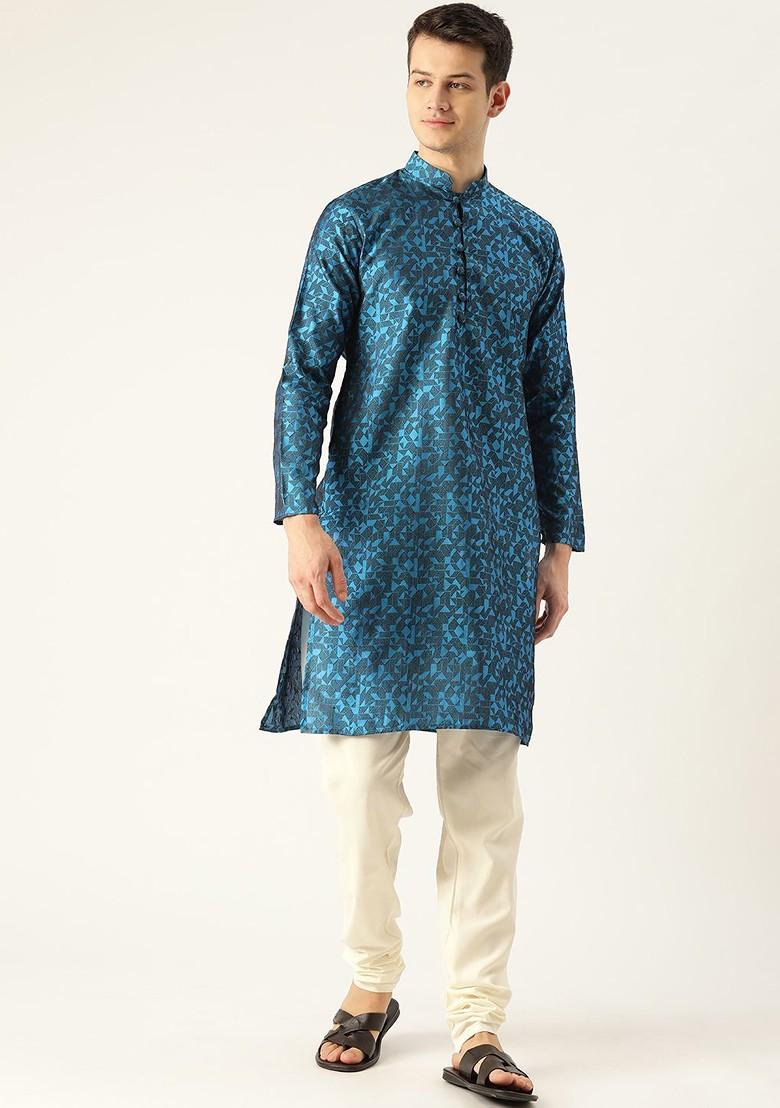 Teal Blue Woven Poly Blend Kurta Set For Men