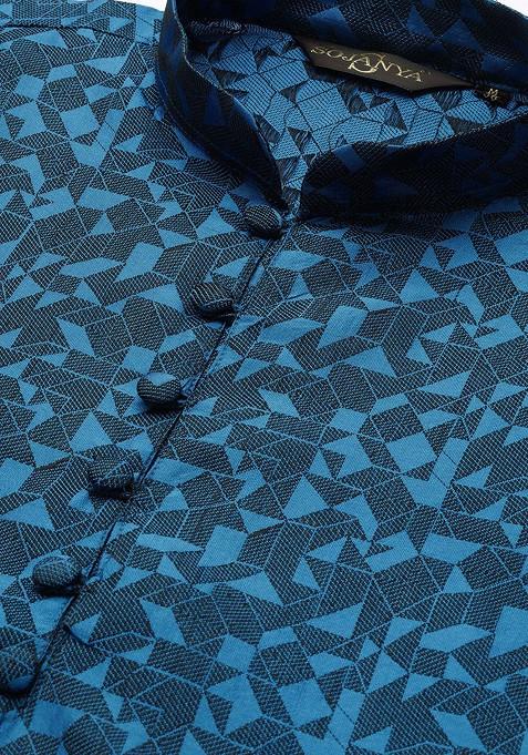 Teal Blue Woven Poly Blend Kurta Set For Men