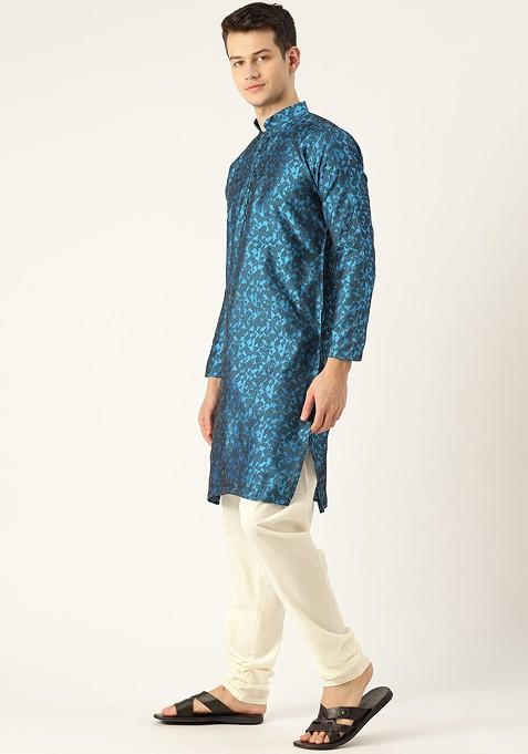 Teal Blue Woven Poly Blend Kurta Set For Men