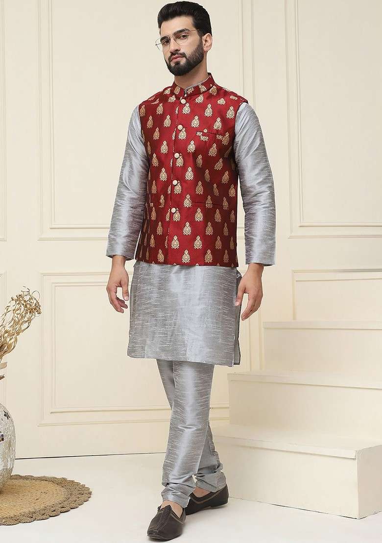 Grey Solid Poly Blend Kurta Set For Men - Indya
