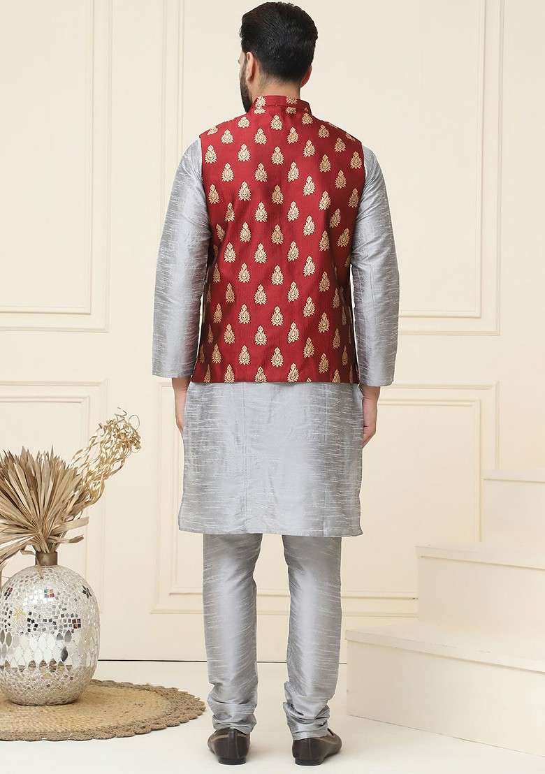 Grey Solid Poly Blend Kurta Set For Men - Indya