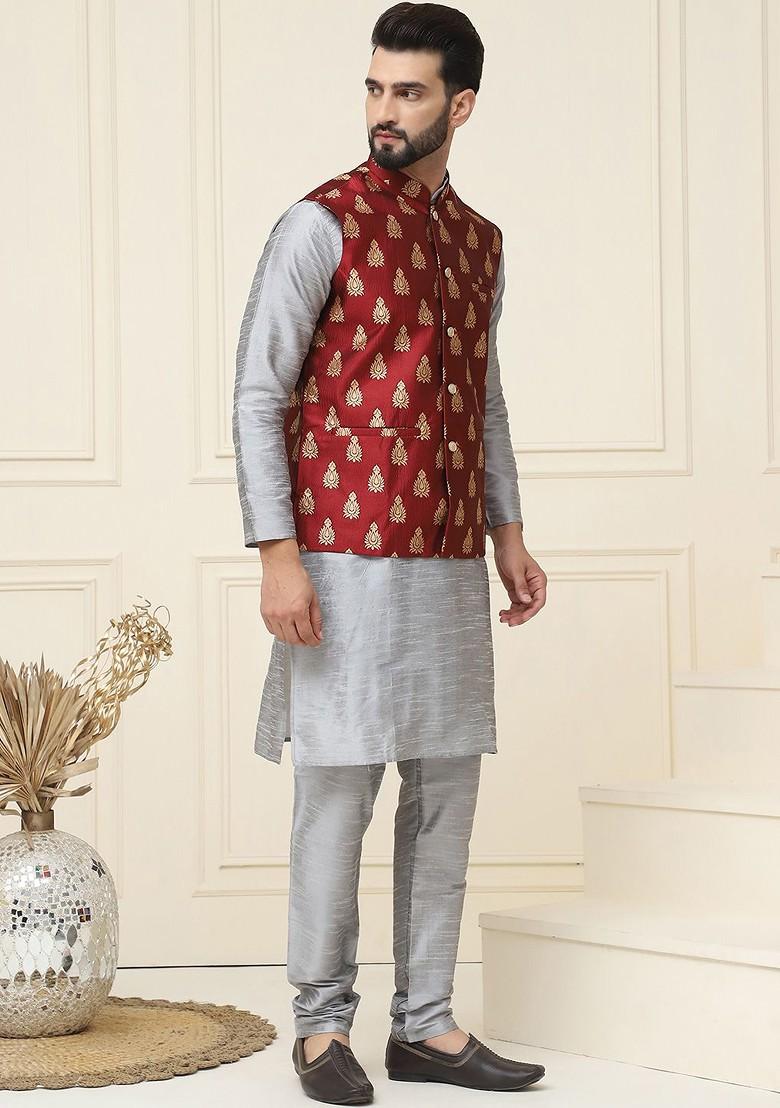 Grey Solid Poly Blend Kurta Set For Men