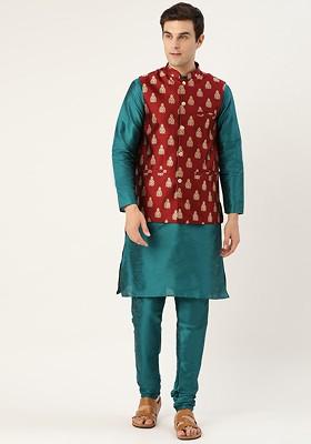 Teal Blue Solid Poly Blend Kurta Set For Men