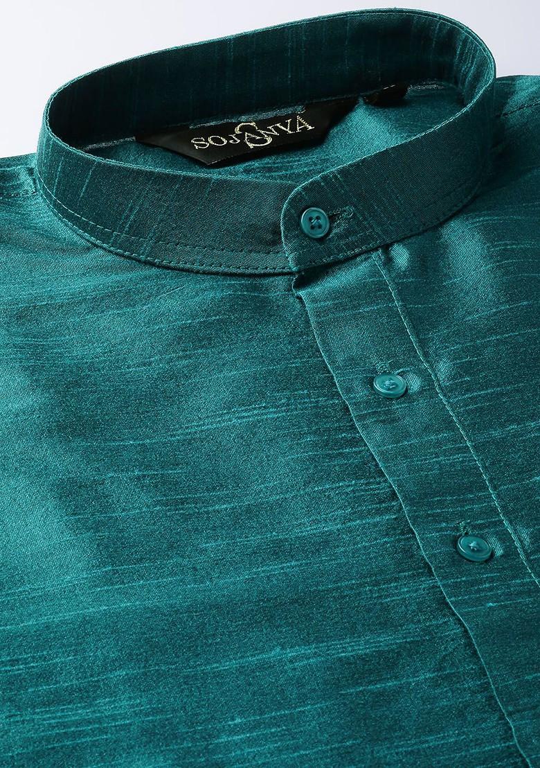 Teal Blue Solid Poly Blend Kurta Set For Men