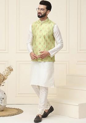 Off White Solid Poly Blend Kurta Set For Men