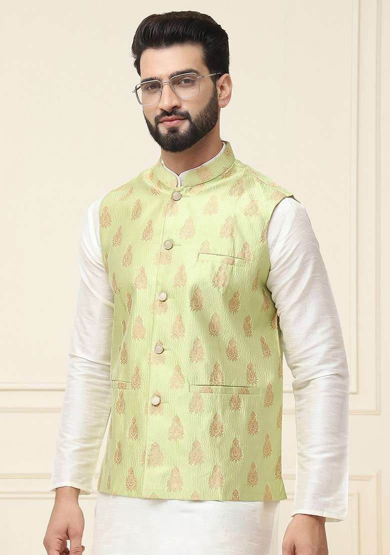 Off White Solid Poly Blend Kurta Set For Men - Indya