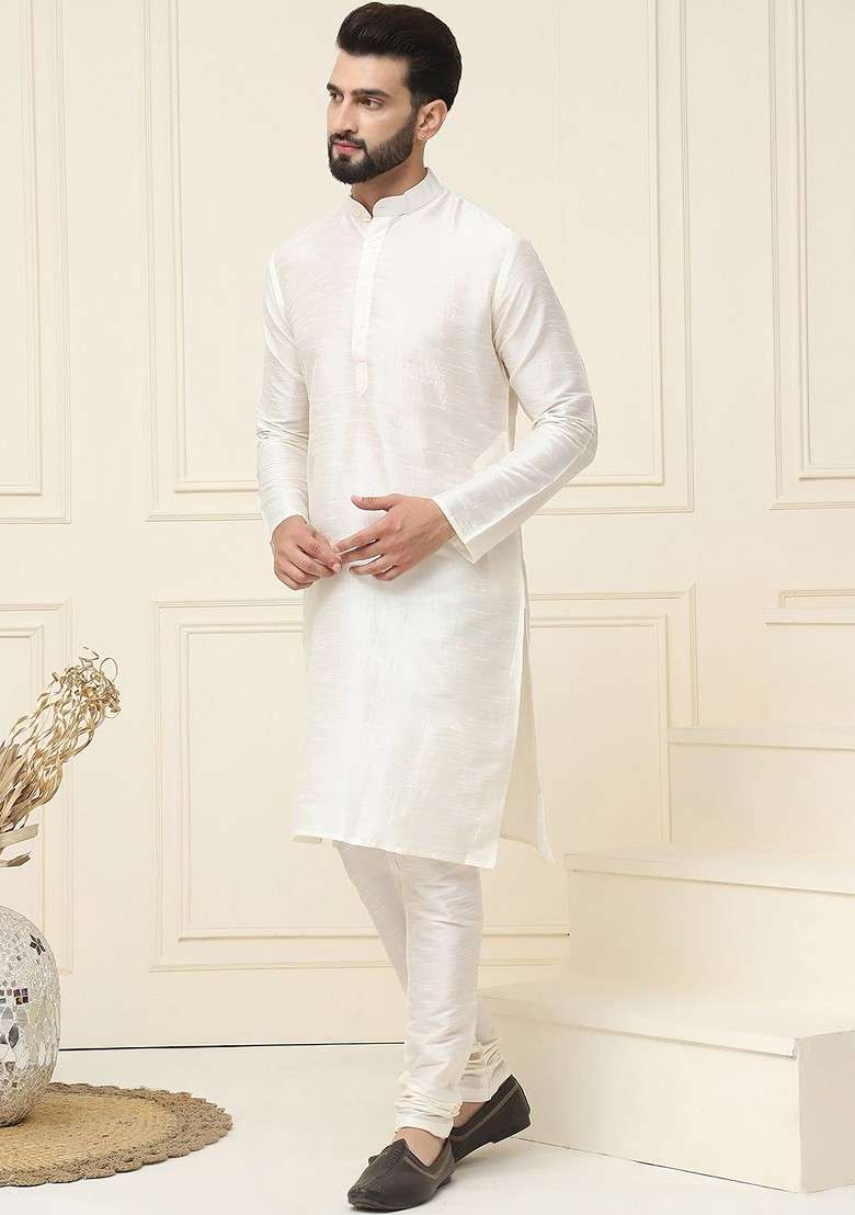 Off White Solid Poly Blend Kurta Set For Men - Indya
