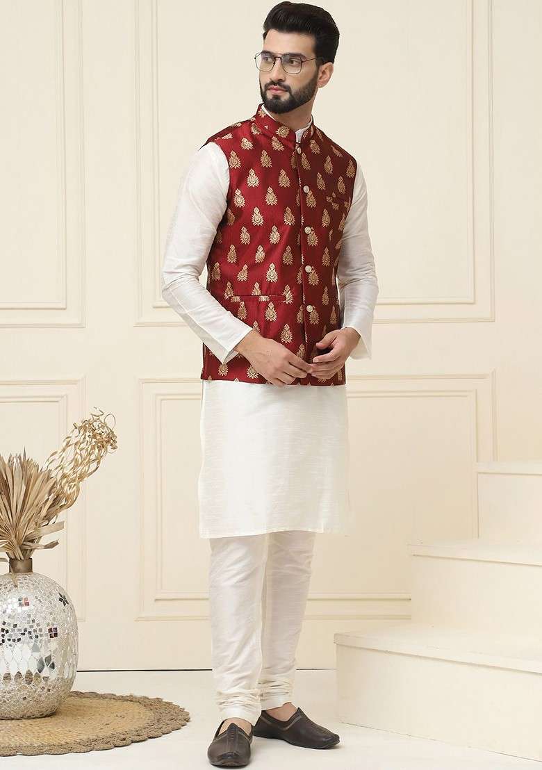 Off White Solid Poly Blend Kurta Set For Men - Indya