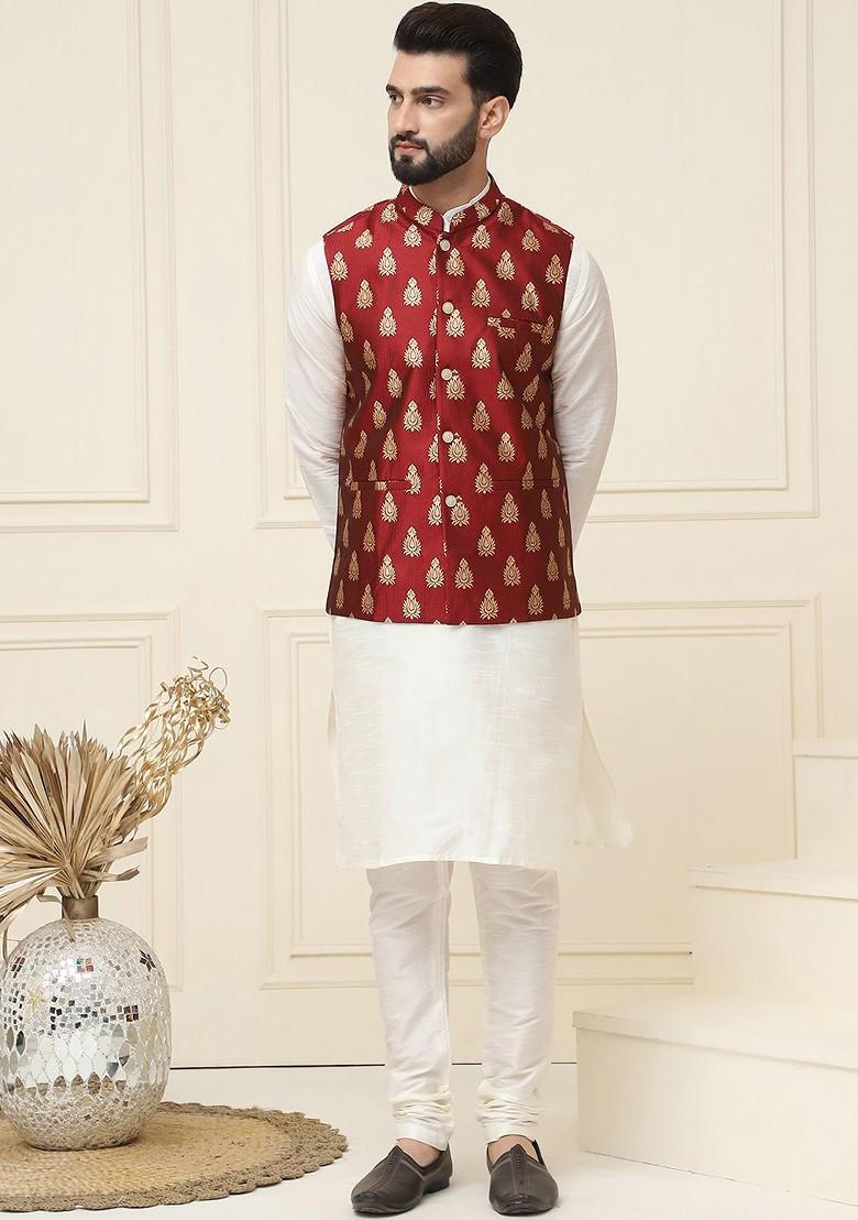 Off White Solid Poly Blend Kurta Set For Men