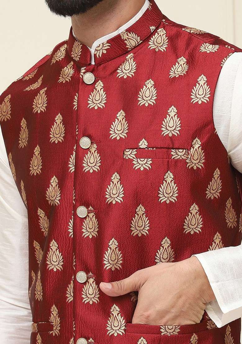 Off White Solid Poly Blend Kurta Set For Men - Indya