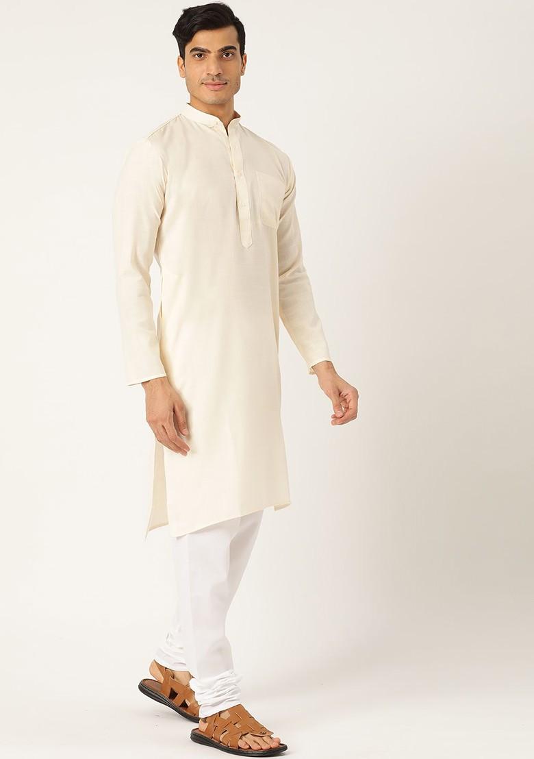 Cream Solid Poly Blend Kurta Set For Men