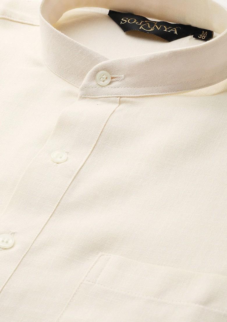 Cream Solid Poly Blend Kurta Set For Men