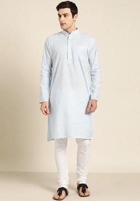 Turquoise Blue Striped Poly Blend Kurta Set For Men