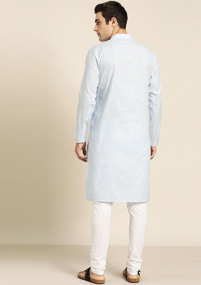Turquoise Blue Striped Poly Blend Kurta Set For Men