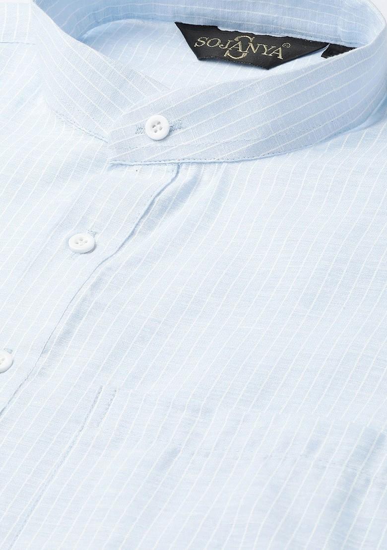 Turquoise Blue Striped Poly Blend Kurta Set For Men