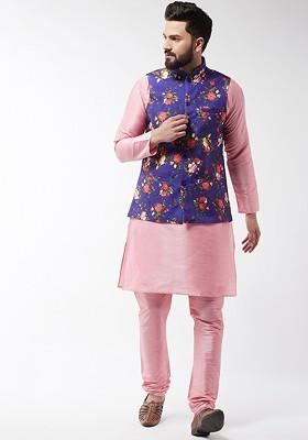 Pink Printed Poly Blend Kurta Set For Men