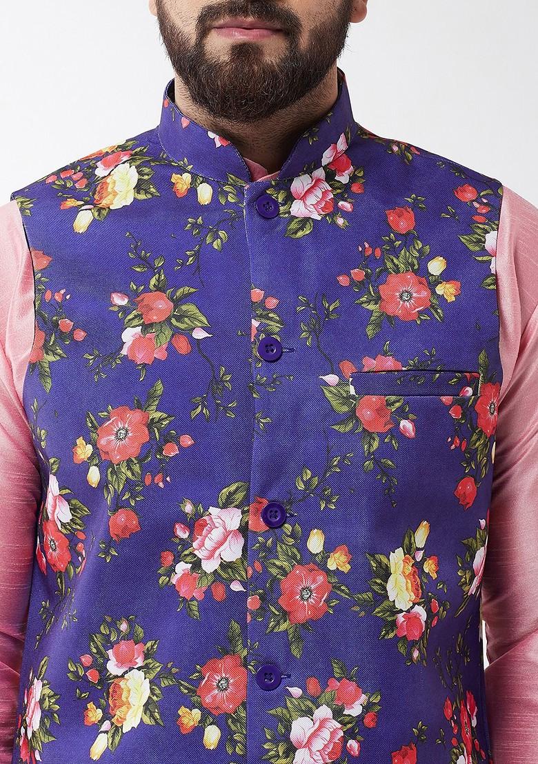 Pink Printed Poly Blend Kurta Set For Men