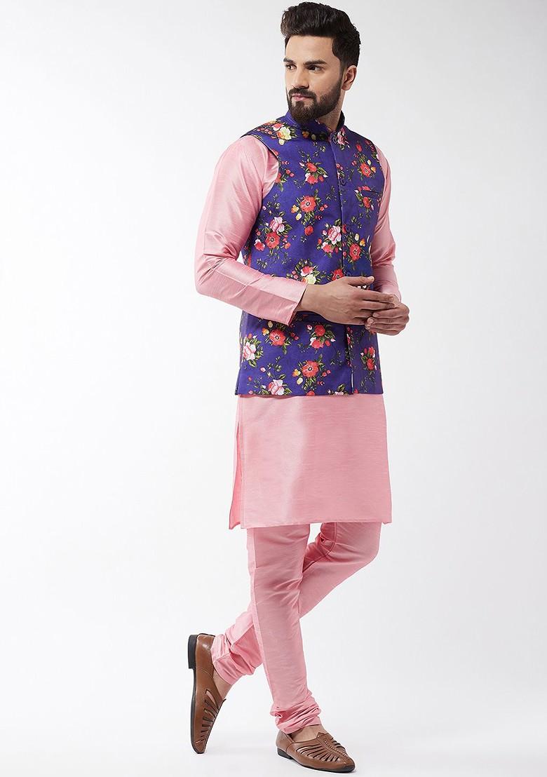 Pink Printed Poly Blend Kurta Set For Men