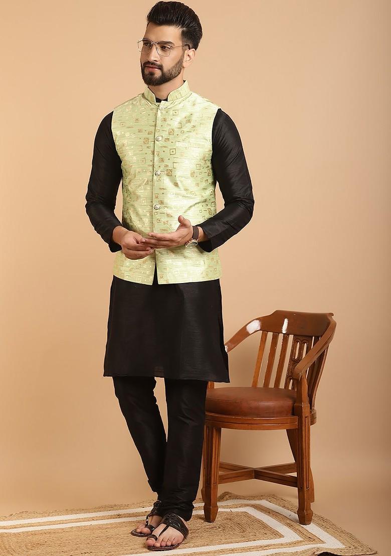 Black Solid Poly Blend Kurta Set For Men