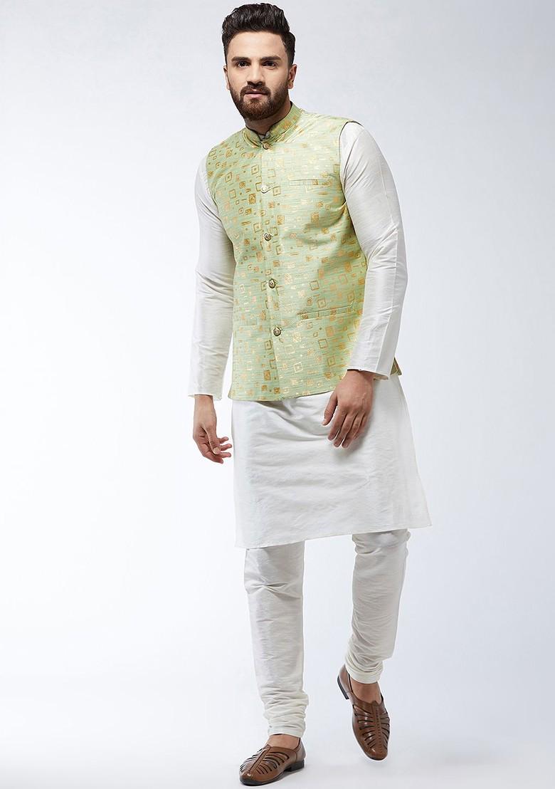 Off White Printed Poly Blend Kurta Set For Men