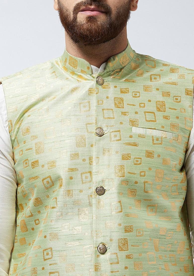 Off White Printed Poly Blend Kurta Set For Men
