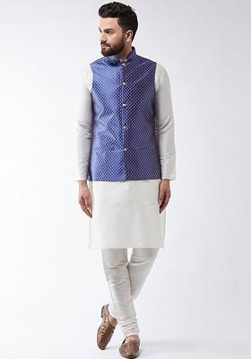 Off White Solid Poly Blend Kurta Set For Men