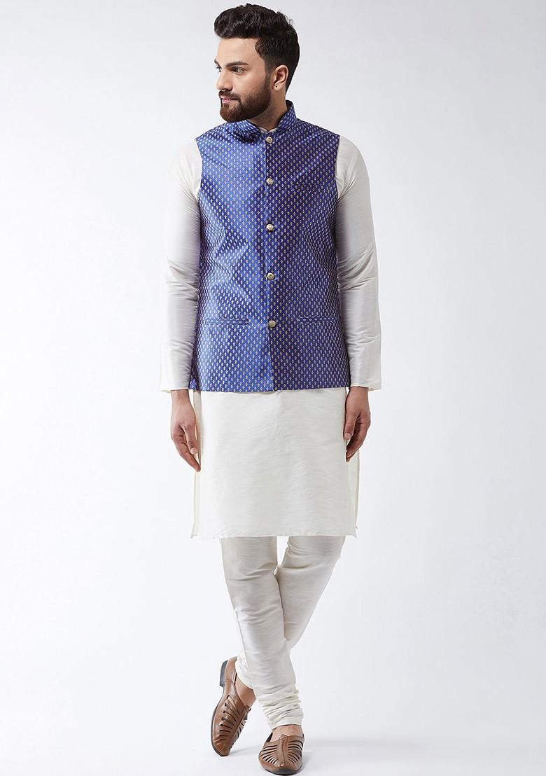 Off White Solid Poly Blend Kurta Set For Men