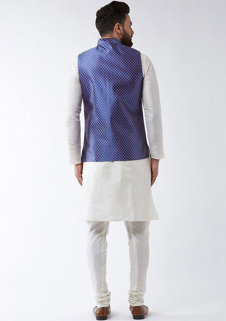 Off White Solid Poly Blend Kurta Set For Men