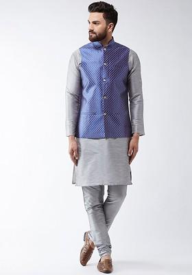 Grey Solid Poly Blend Kurta Set For Men