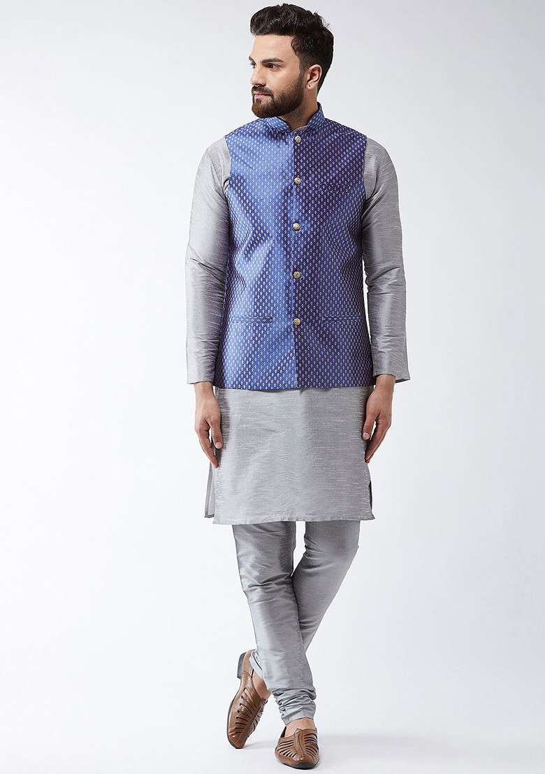 Grey Solid Poly Blend Kurta Set For Men - Indya