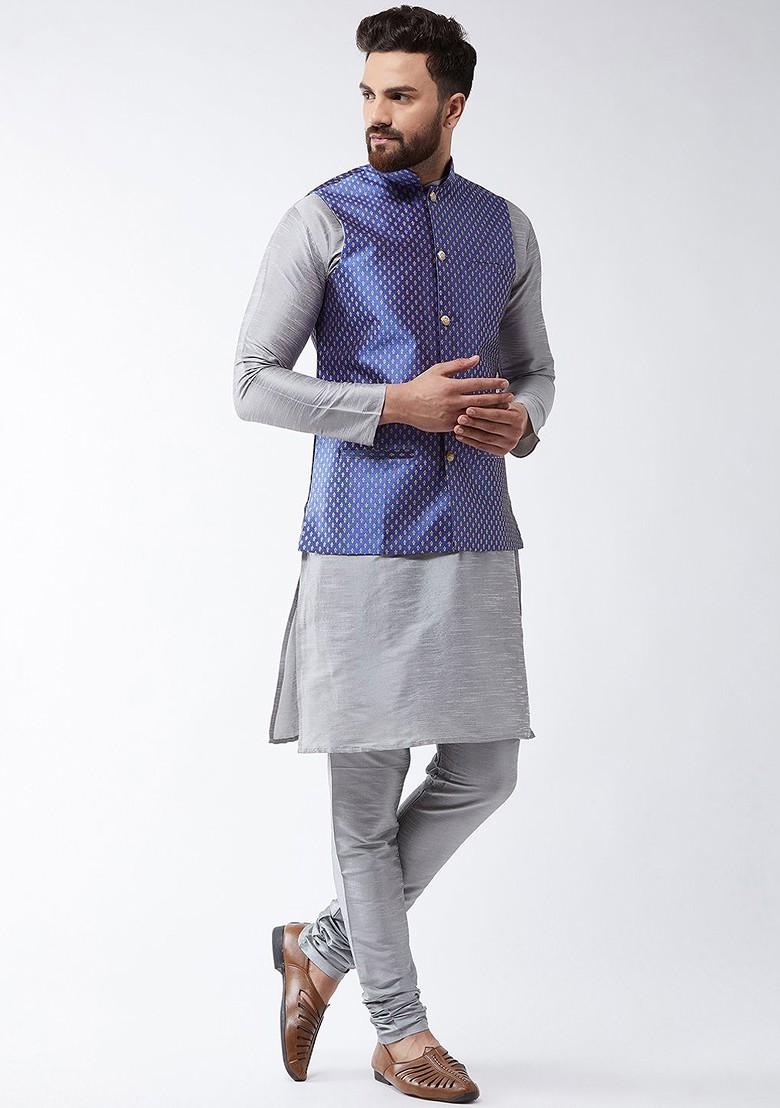Grey Solid Poly Blend Kurta Set For Men