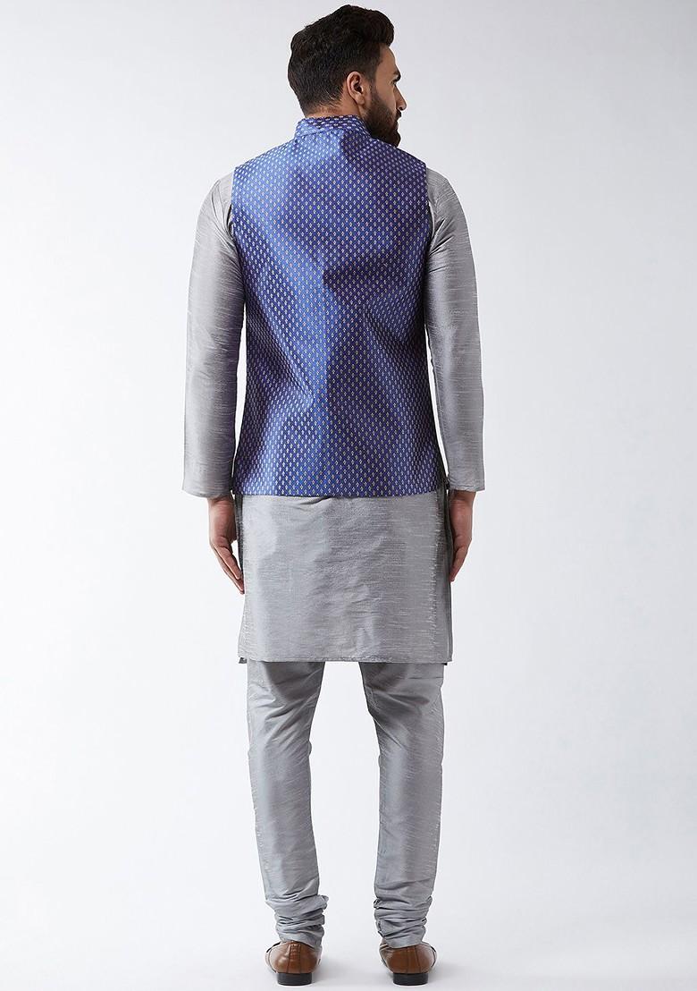 Grey Solid Poly Blend Kurta Set For Men