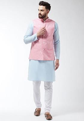 Turquoise Blue Solid Poly Blend Kurta Set For Men