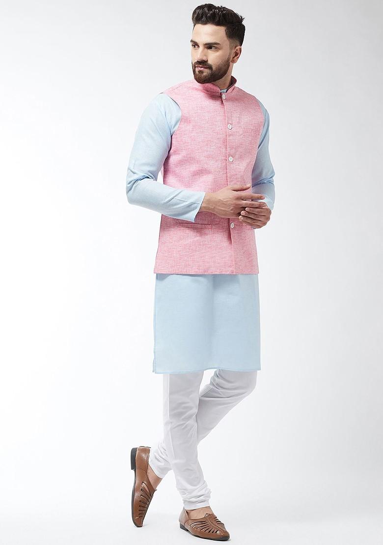Turquoise Blue Solid Poly Blend Kurta Set For Men