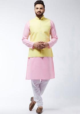 Pink Solid Poly Blend Kurta Set For Men