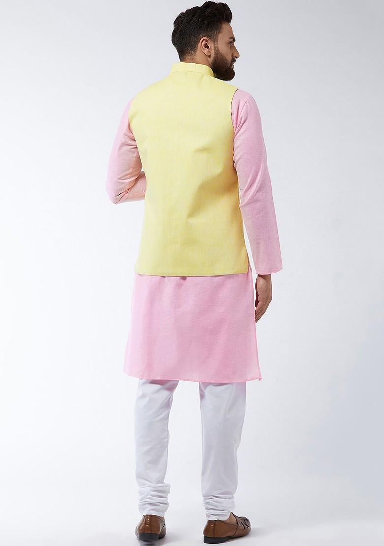 Pink Solid Poly Blend Kurta Set For Men