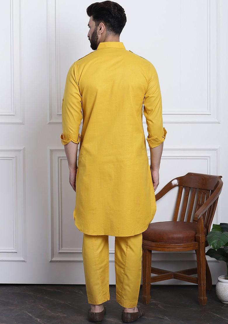 Mustard Solid Poly Blend Kurta Set For Men