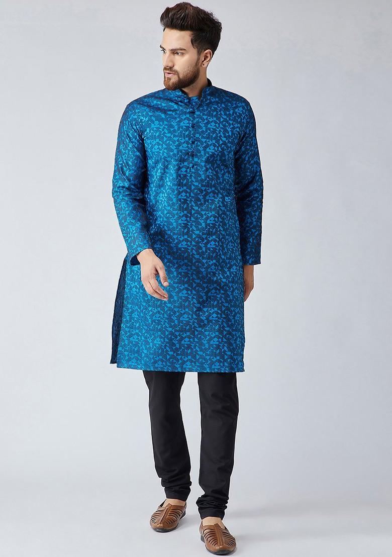 Blue Solid Poly Blend Kurta Set For Men