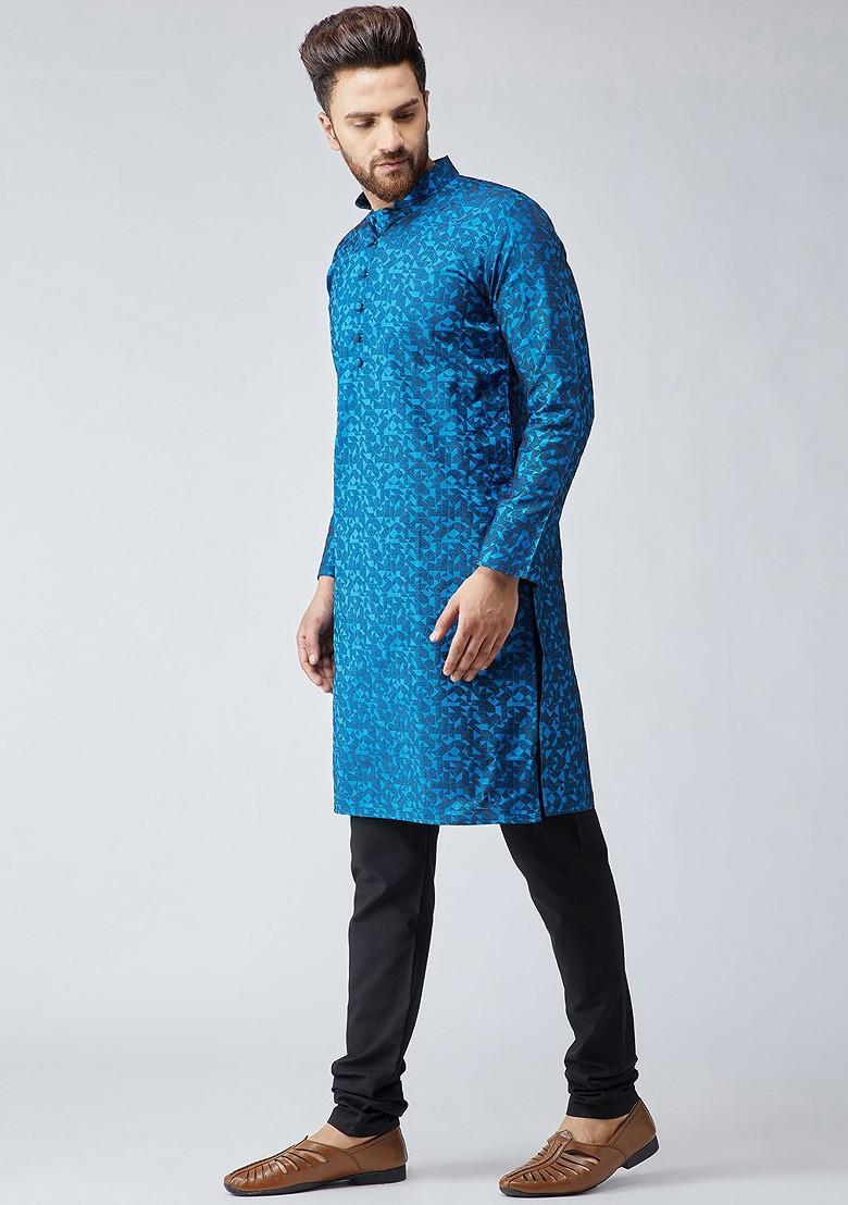 Blue Solid Poly Blend Kurta Set For Men