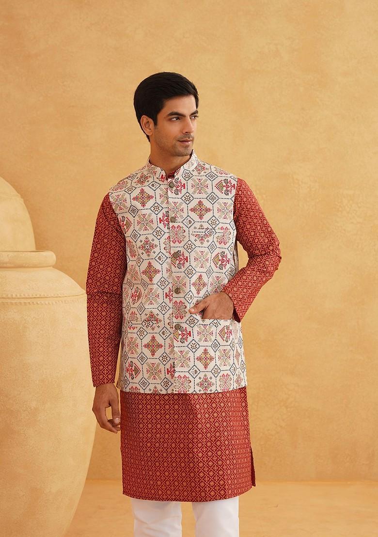 Maroon Printed Cotton Kurta Set For Men