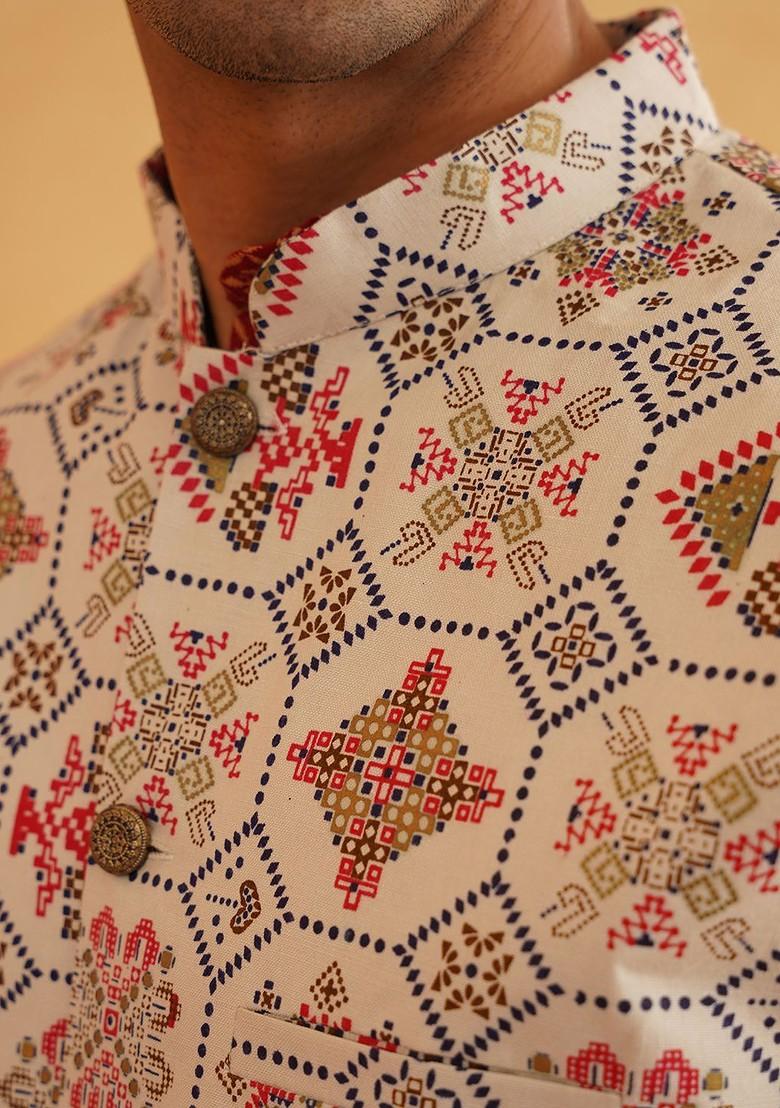 Maroon Printed Cotton Kurta Set For Men