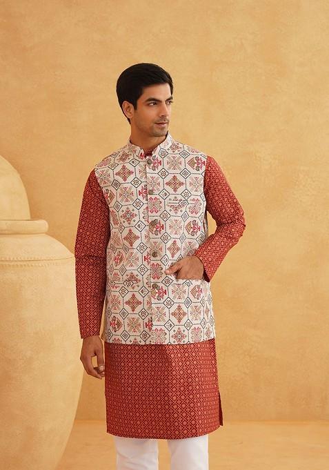 Maroon Printed Cotton Kurta Set For Men