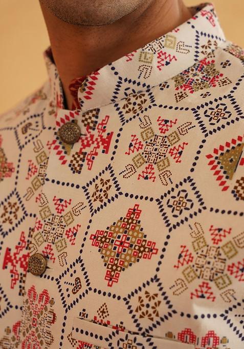 Maroon Printed Cotton Kurta Set For Men