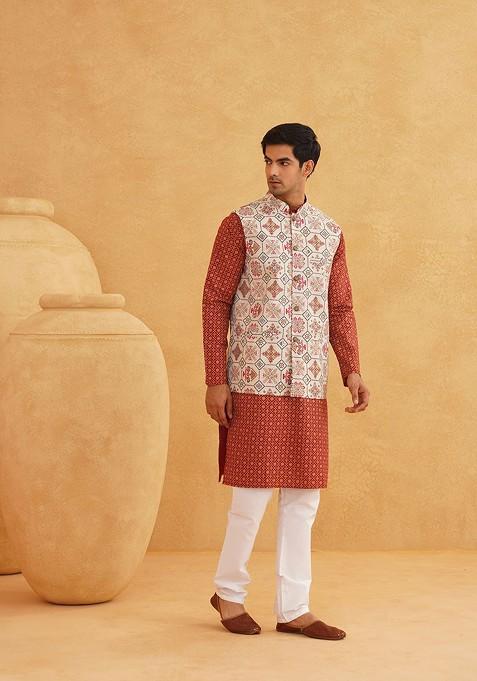 Maroon Printed Cotton Kurta Set For Men
