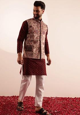 Red Printed Poly Blend Kurta Set For Men